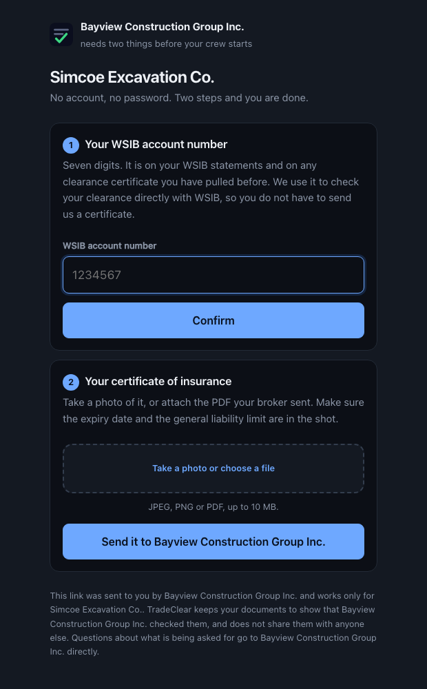 The subcontractor upload page on a phone, asking for a WSIB account number and a photo of the certificate of insurance